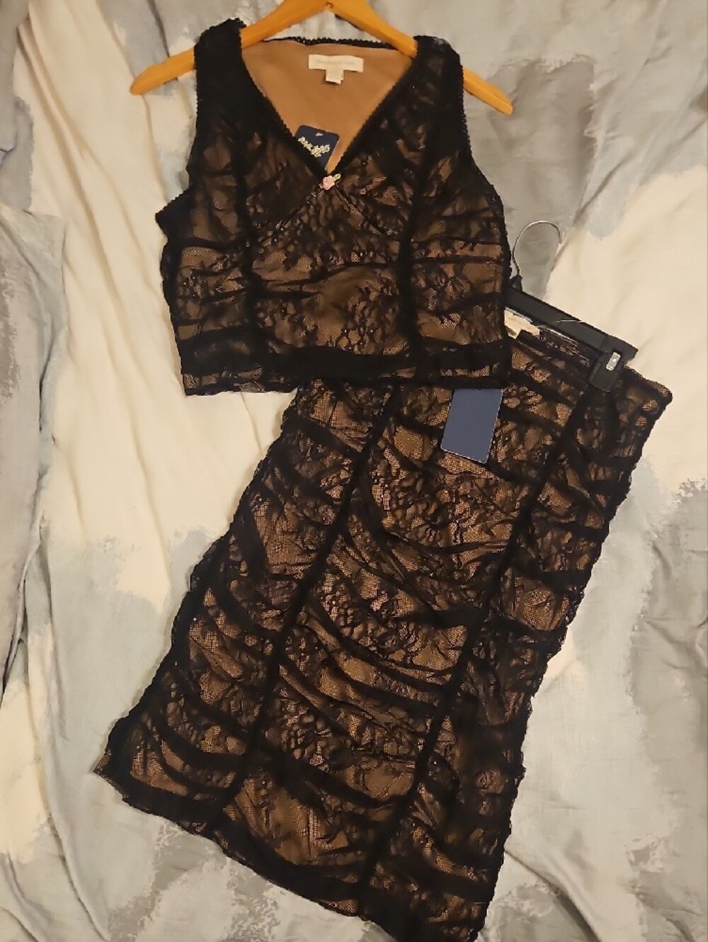 Monteau Los Angeles Black Lace Nude 2 Piece Top Pencil Skirt Set XL